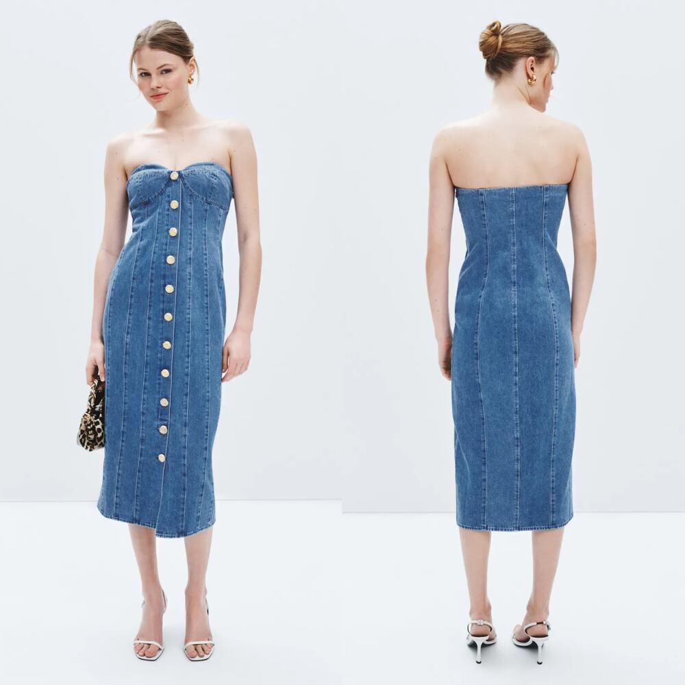 Ronny Kobo Denim Dress Strapless Sweetheart Neck Button Front Midi Sheath Blue 2